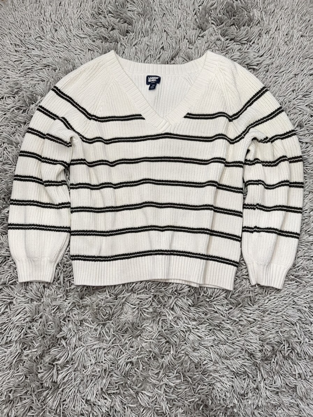 Lands End Drifter Sweater Cream Green Pink Thick Ribbed 100% Cotton Women’s 1X